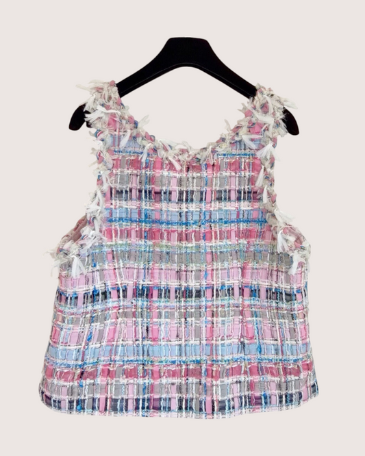 Chanel 25S Fringe Tweed Top Pink, Blue, Multicolor FR 40