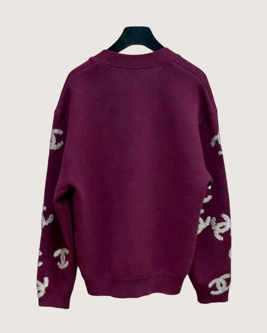 Chanel 22A Cashmere CC Cardigan Burgundy, Silver FR 38