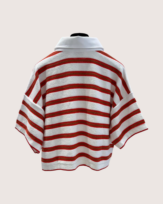 Chanel 26C Striped Short-Sleeve Polo Top - White, Red, Brown, view 2
