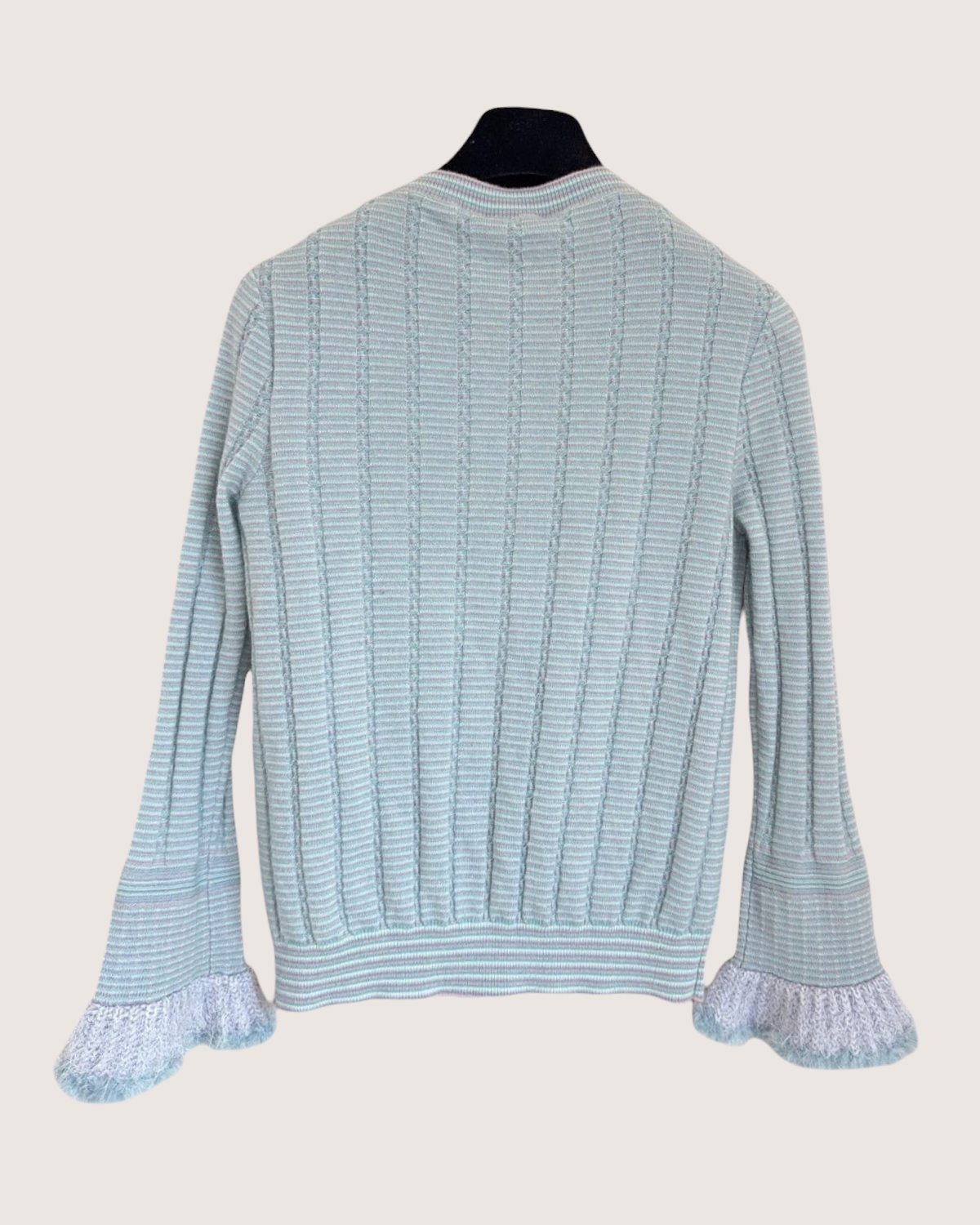 Chanel 25B Cashmere Striped Ruffle-Cuff Cardigan Blue, Green, Multicolor FR 36