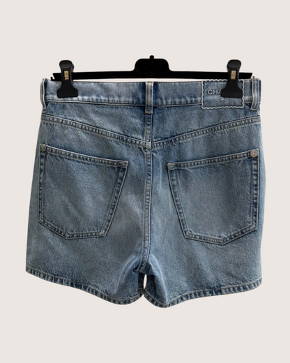 Chanel 25M Coco Beach Embroidered Denim Shorts Blue, Beige/Ecru FR 36