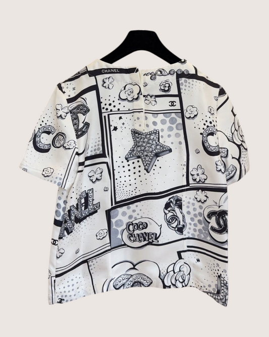 Chanel 25B Comic-Print Short-Sleeve Top White, Black, Grey FR 36