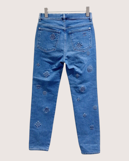 Chanel 21P CC Logo Skinny Denim Jeans Blue FR 36
