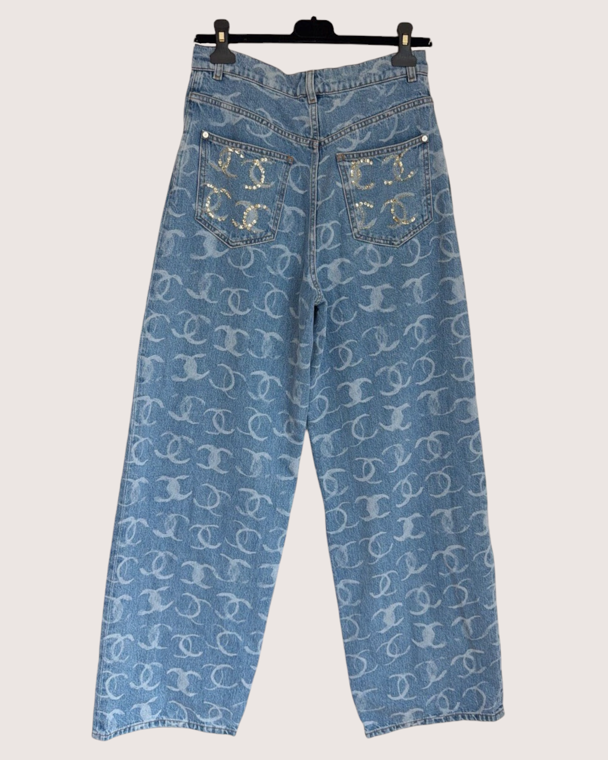 Chanel 23B CC Sequin Denim Wide-Leg Jeans Blue, Gold FR 38