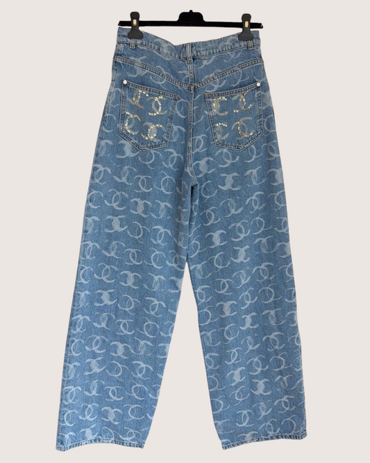 Chanel 23B CC Sequin Denim Wide-Leg Jeans Blue, Gold FR 38