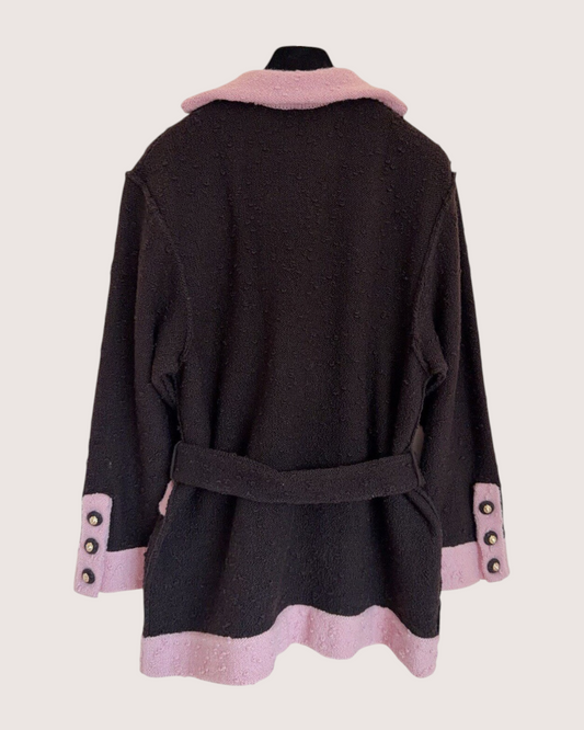 Chanel 24K Wool Belted Bouclé V-Neck Sweater Black, Pink FR 38