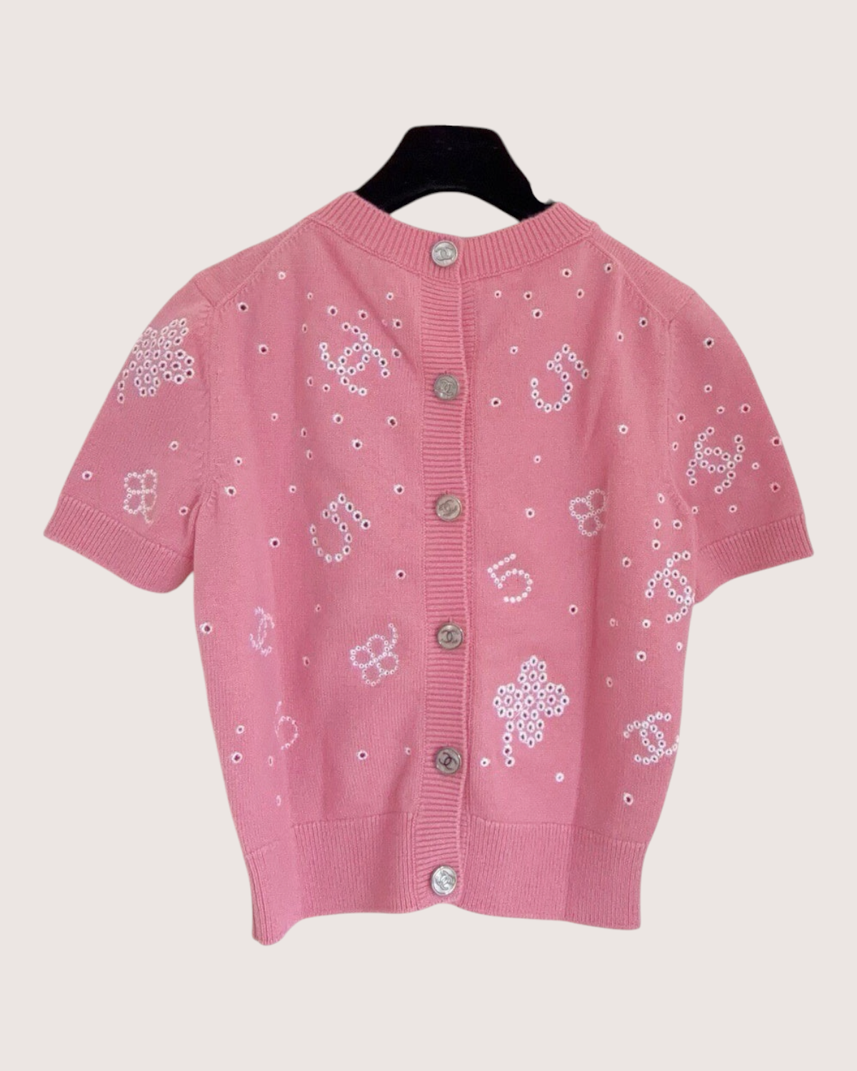 Chanel 23P Cashmere Embroidered Short-Sleeve Sweater Pink, White FR 34
