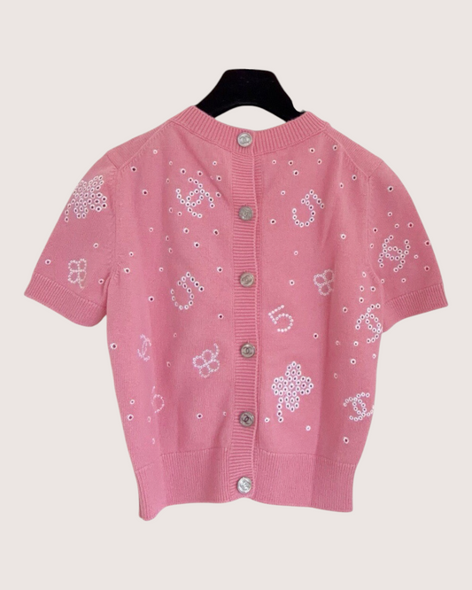 Chanel 23P Cashmere Embroidered Short-Sleeve Sweater Pink, White FR 34