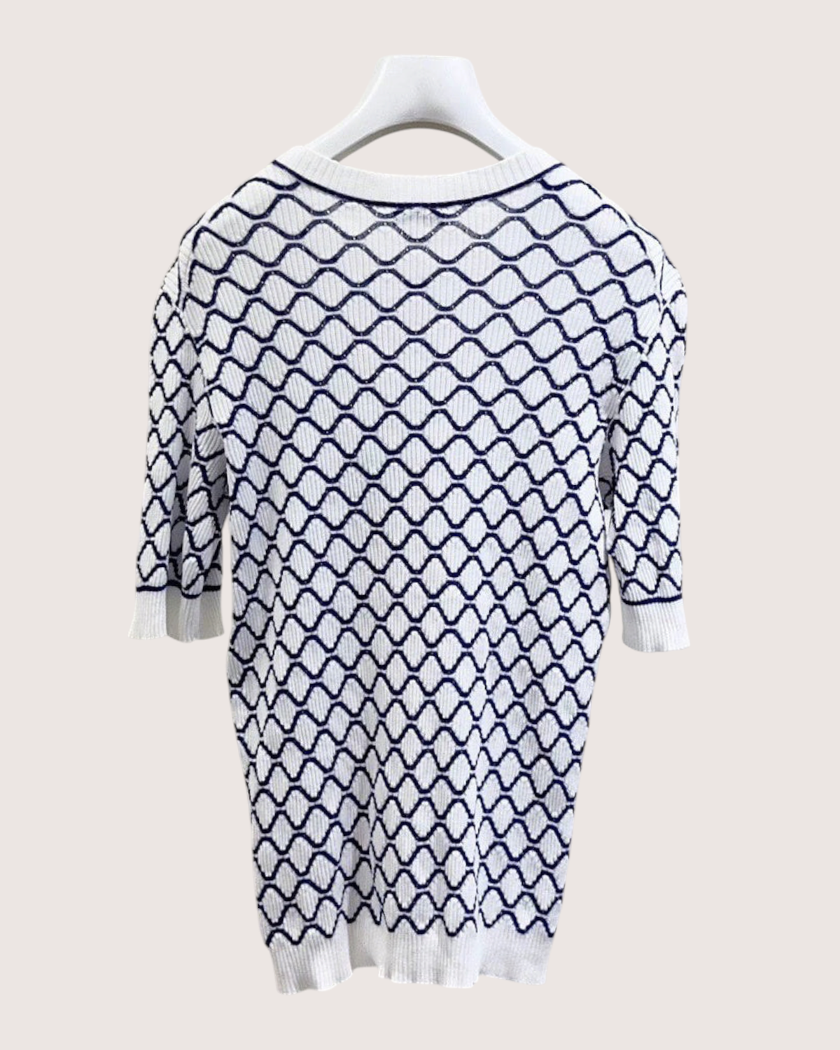 Chanel 20P Honeycomb CC Short-Sleeve Sweater White, Navy, Pink FR 40