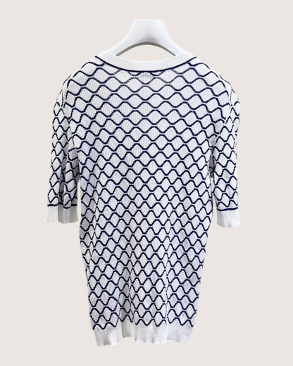 Chanel 20P Honeycomb CC Short-Sleeve Sweater White, Navy, Pink FR 40