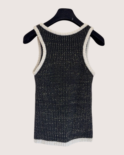 Chanel 25A CC Contrast-Trim Ribbed Tank Top Black, Beige/Ecru, Gold FR 36