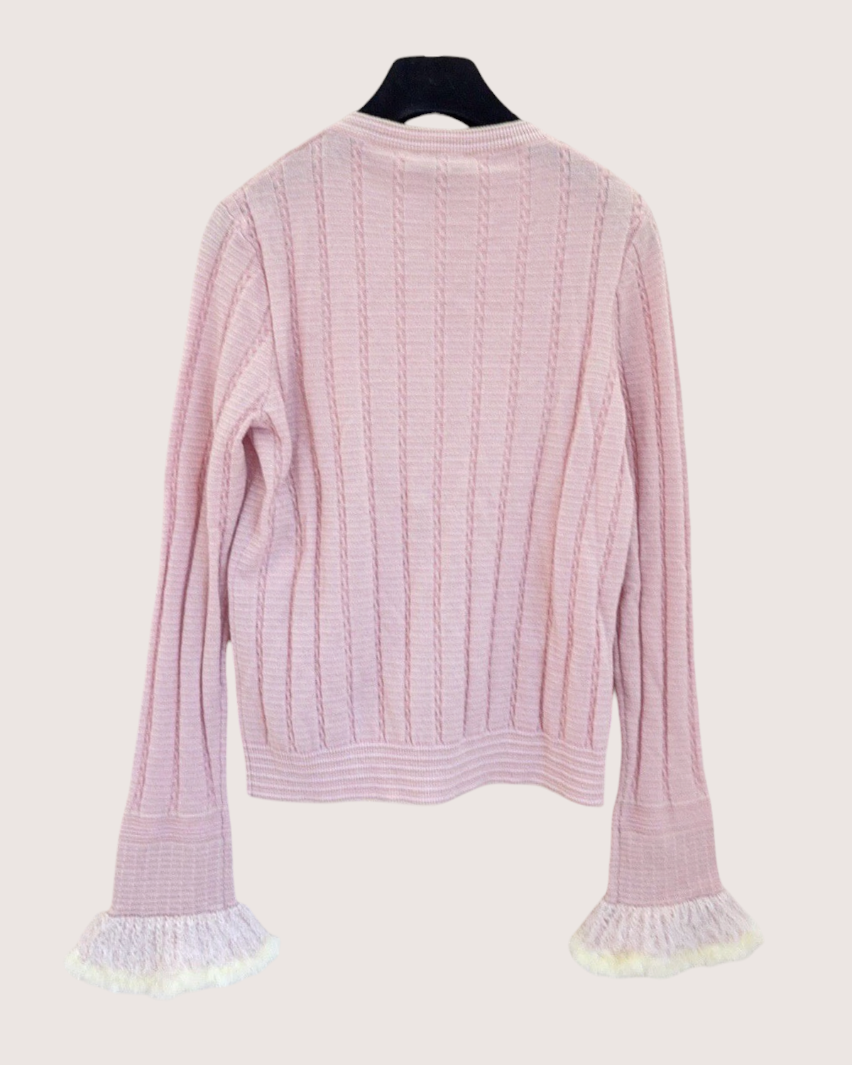 Chanel 25B Cashmere Feather-Trim Cardigan Pink, White FR 36