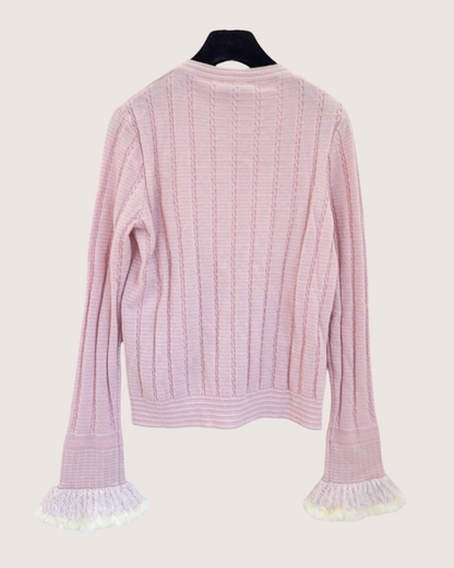 Chanel 25B Cashmere Feather-Trim Cardigan Pink, White FR 36
