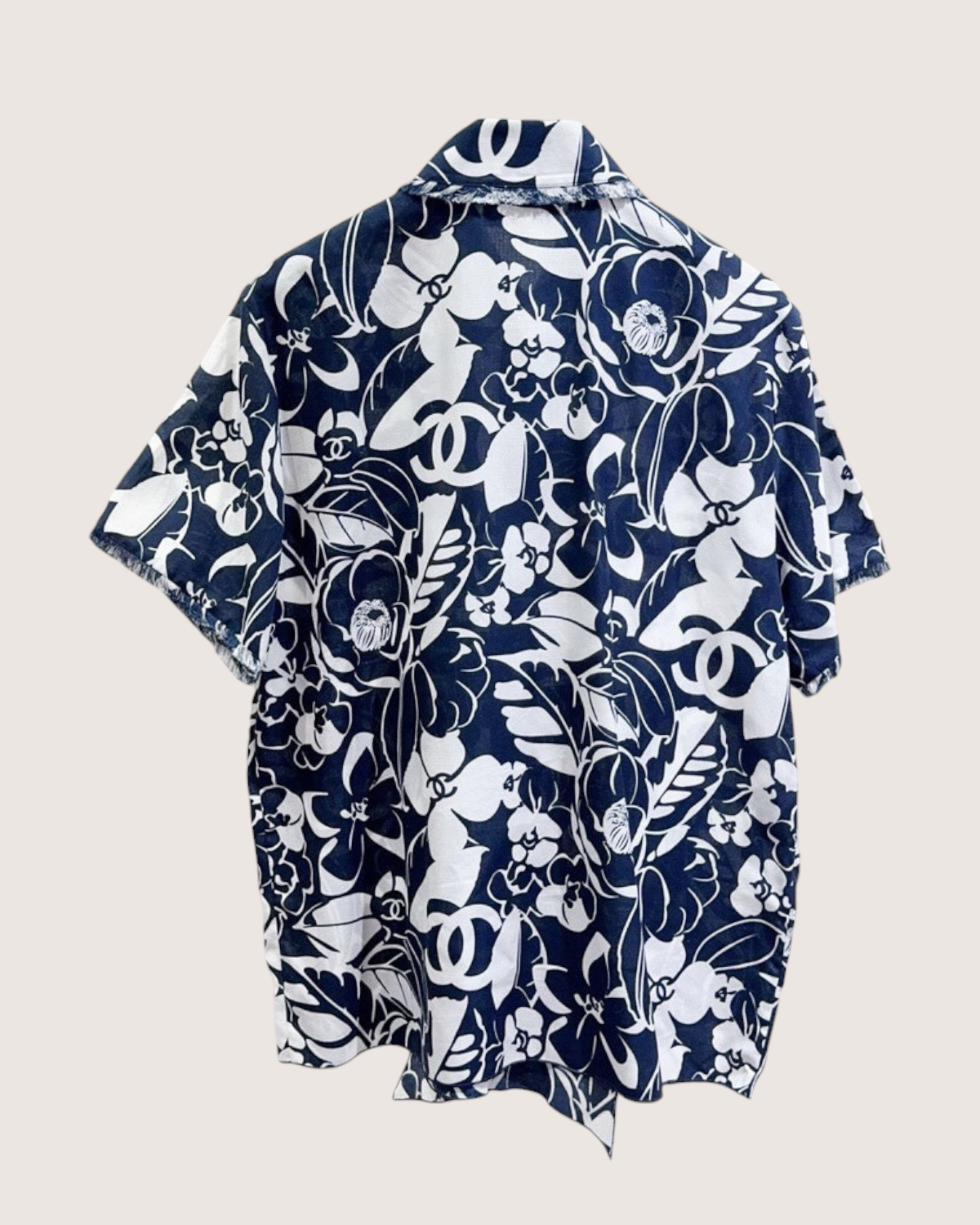 Chanel Camellia Print Short-Sleeve Shirt Navy, White FR 34