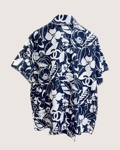 Chanel Camellia Print Short-Sleeve Shirt Navy, White FR 34