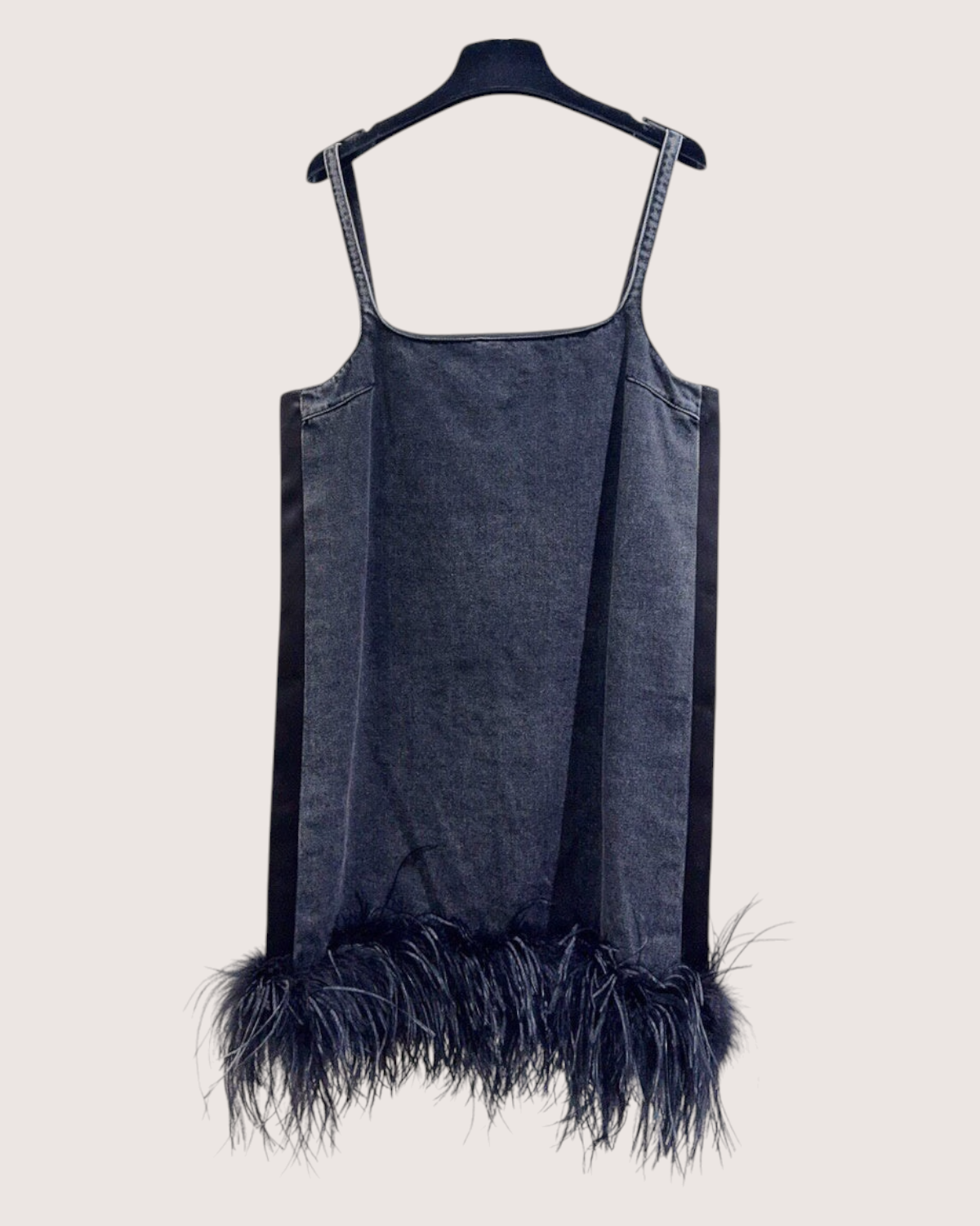 Miu Miu Feather-Trim Denim Mini Dress Black IT 38