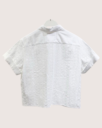 Celine Triomphe Eyelet Short-Sleeve Shirt White FR 38