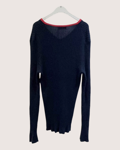Miu Miu Ribbed V-Neck Sweater Navy, Red FR 36