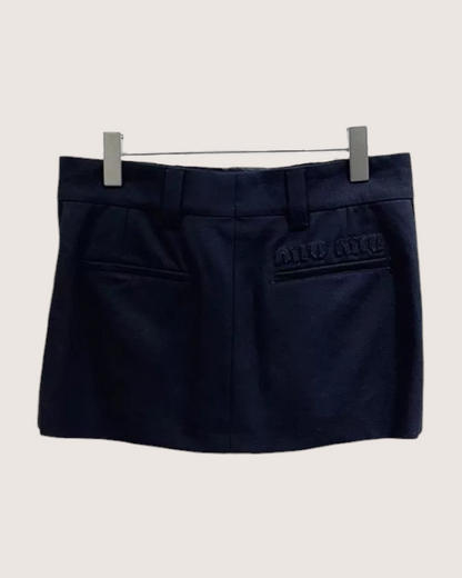 Miu Miu Wool Logo Pleated Mini Skirt Navy FR 38