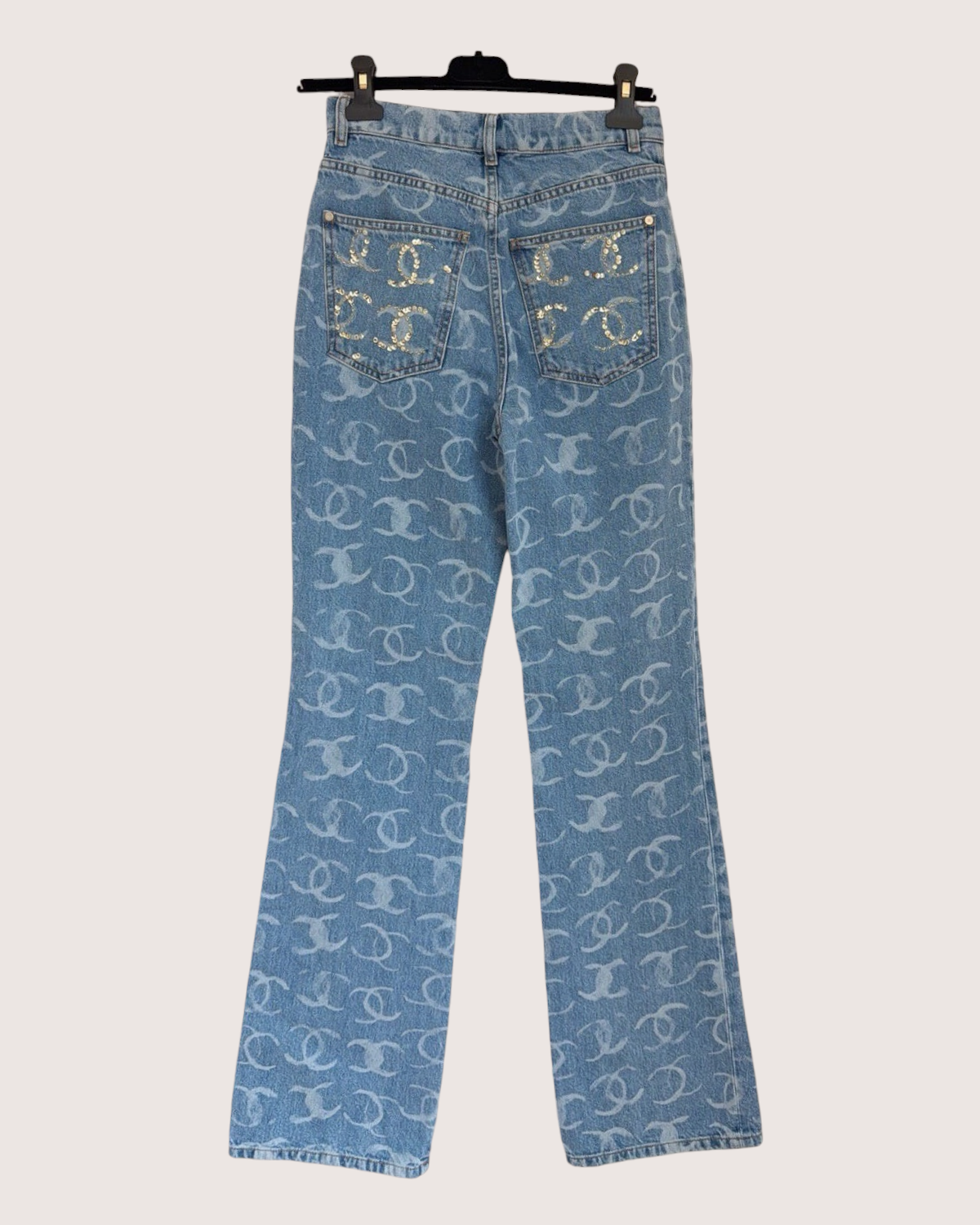 Chanel 23B CC Denim Wide-Leg Jeans Blue, Gold FR 34