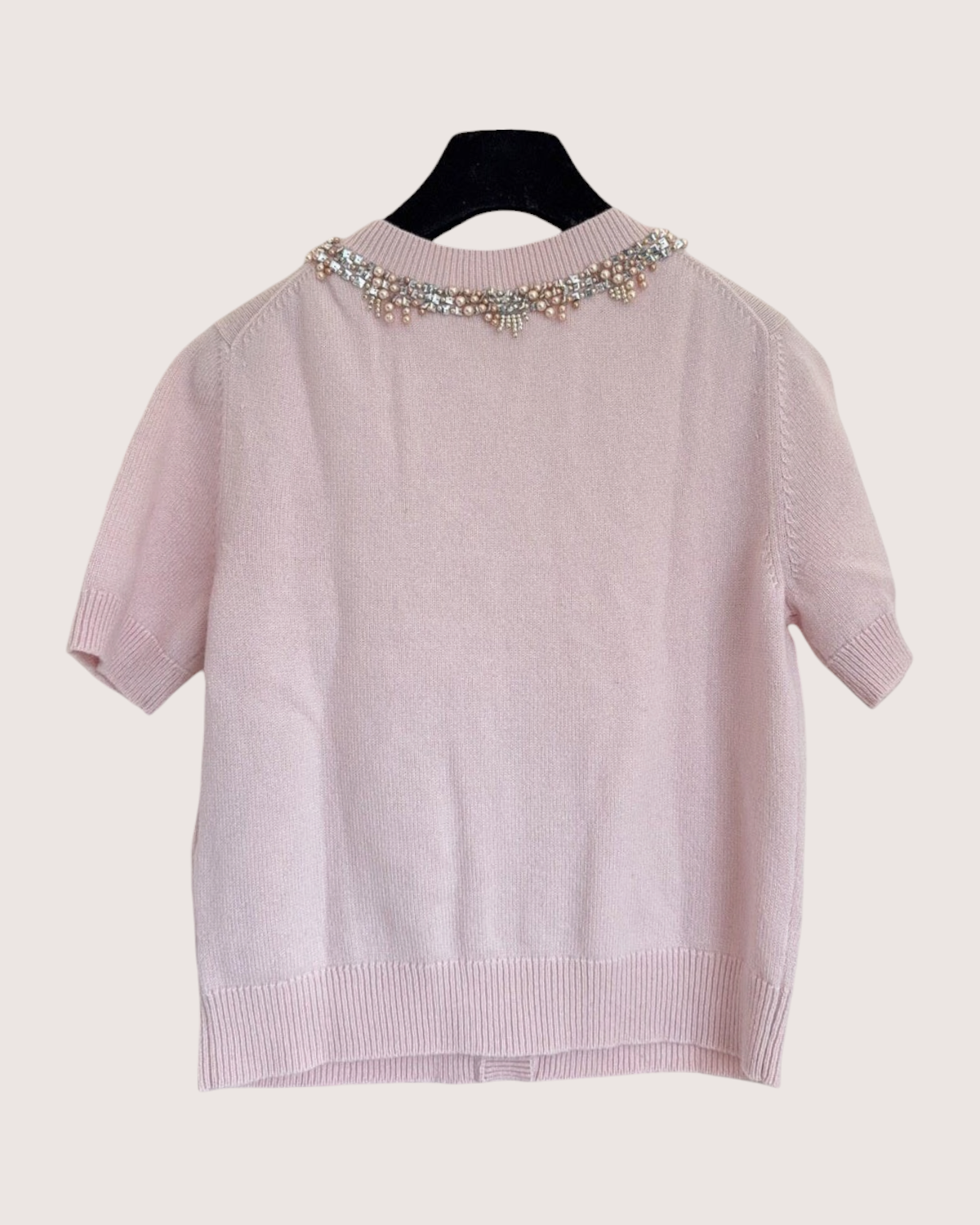 Chanel 22P Cashmere Pearl-Embellished Short-Sleeve Cardigan Pink, Silver FR 38
