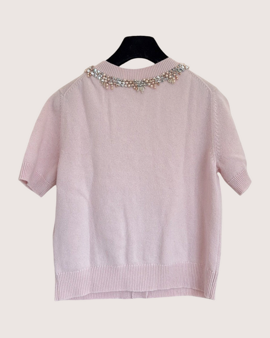 Chanel 22P Cashmere Pearl-Embellished Short-Sleeve Cardigan Pink, Silver FR 38