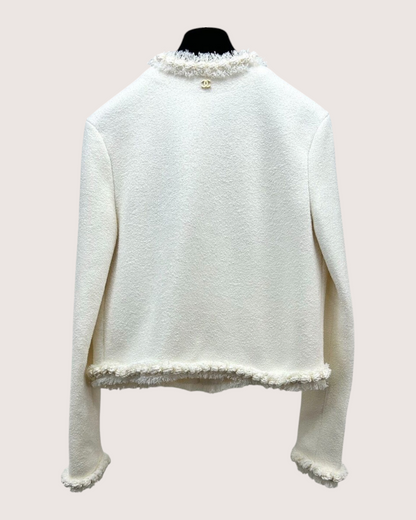 Chanel 26A Fringe-Trim Four-Pocket Bouclé Jacket Beige/Ecru FR 36