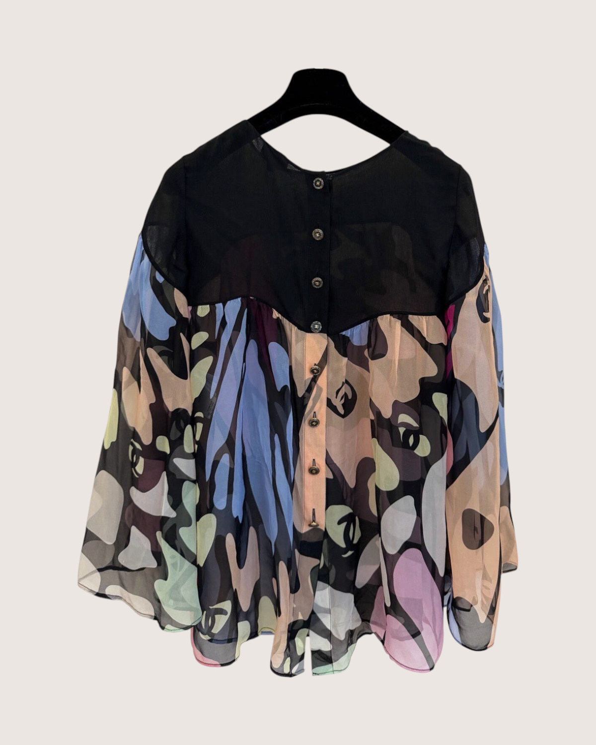 Chanel 22S Sheer CC Abstract-Print Top Black, Pink, Blue, Multicolor FR 34
