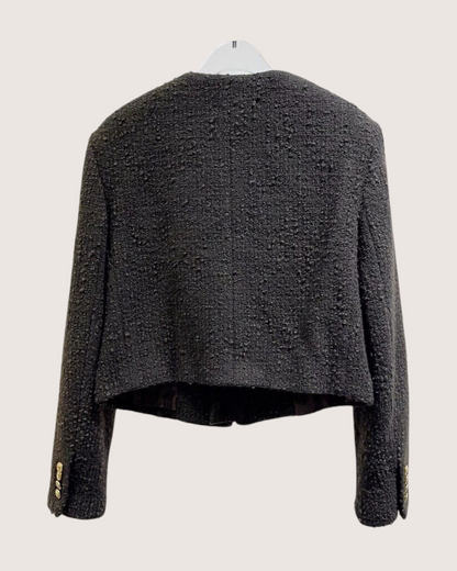 Celine Collarless Cropped Tweed Jacket Black FR 34
