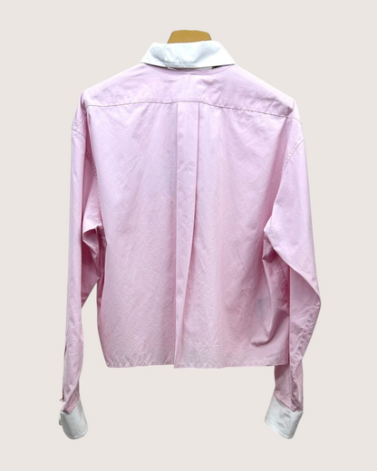 Miu Miu Cropped Contrast-Collar Logo Shirt Pink, White IT 36