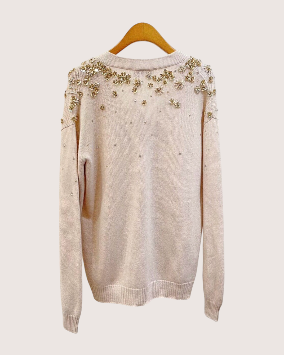 Miu Miu Cashmere Sequin Floral Cardigan Beige/Ecru, Gold FR 38