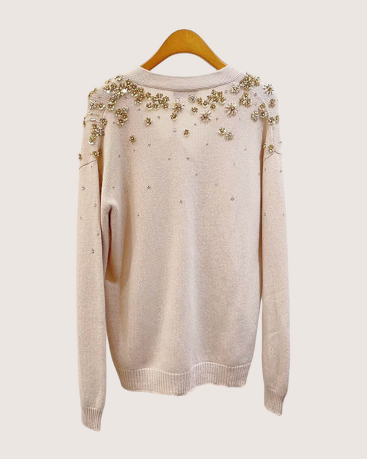 Miu Miu Cashmere Sequin Floral Cardigan Beige/Ecru, Gold IT 38