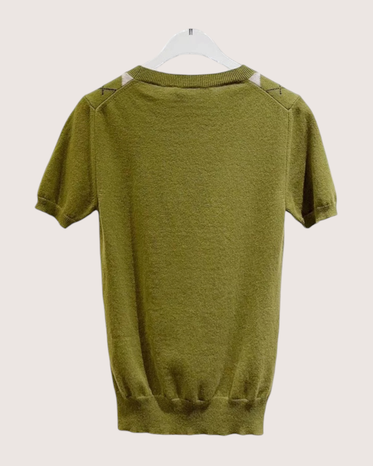 Miu Miu Wool Argyle Short-Sleeve Sweater Green, Beige/Ecru FR 38