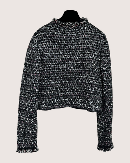 Chanel 24B Tweed Sequin Fringe Jacket Black, White, Multicolor FR 36