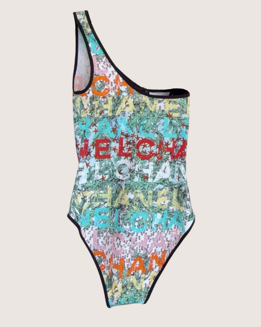 Chanel 26M Coco Beach One-Shoulder Logo One-Piece Swimsuit White, Green, Multicolor FR 34
