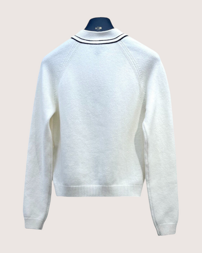 Louis Vuitton Cashmere Striped-Trim LV Logo Cardigan White, Navy FR 34