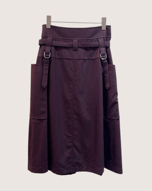 Hermès Wool Belted Mid-Length Skirt Burgundy FR 38