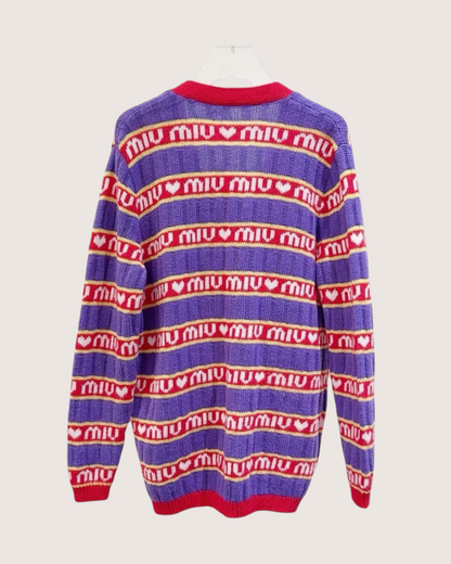 Miu Miu Wool Striped Logo Cardigan Purple, Red, White, Multicolor IT 36
