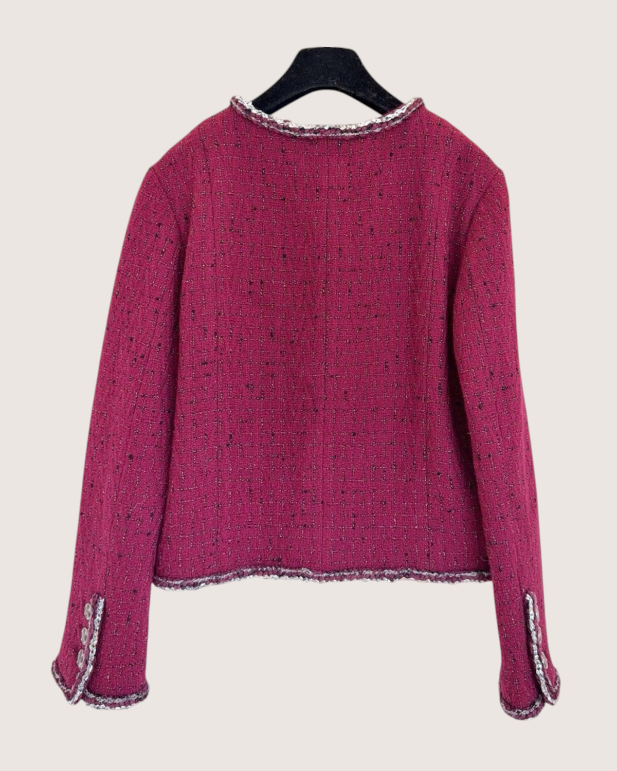 Chanel 22A Braided-Trim Tweed Jacket Burgundy, Black, Silver FR 40