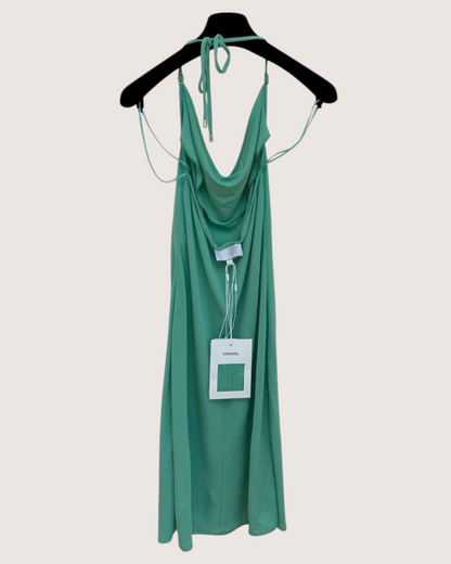 Chanel 26M Coco Beach Cowl-Neck Halter Maxi Dress Green FR 38
