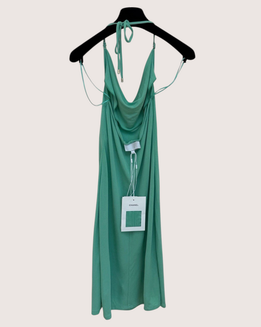 Chanel 26M Coco Beach Cowl-Neck Halter Maxi Dress Green FR 38