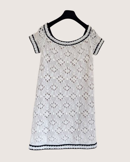 Chanel 22C Cashmere Crochet Openwork Off-Shoulder Mini Dress White, Black FR 38