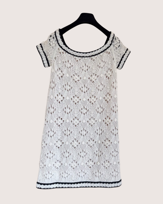Chanel 22C Cashmere Crochet Openwork Off-Shoulder Mini Dress White, Black FR 38
