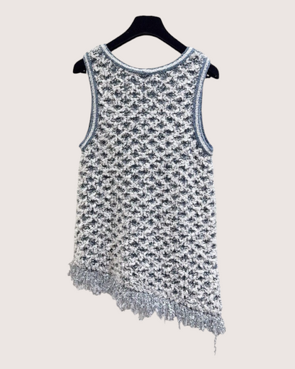 Chanel 18S Asymmetric Fringe Top White, Navy, Silver FR 40