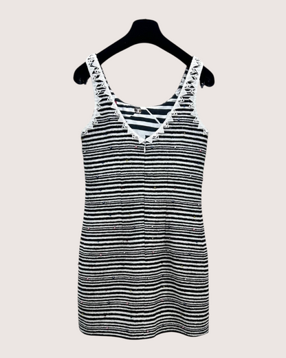 Chanel 24S Striped Beaded Mini Dress Black, White