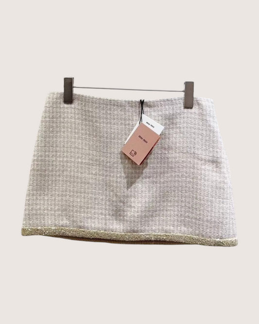 Miu Miu Tweed Logo Mini Skirt Beige/Ecru, Gold FR 36