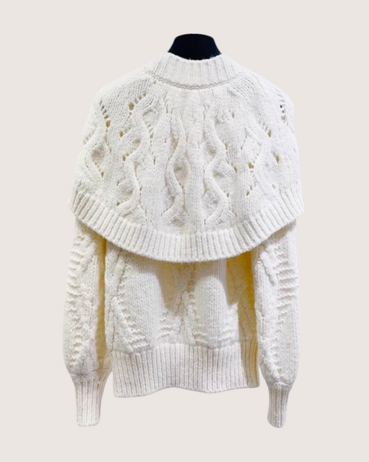 Chanel 21B Wool Cape-Collar Cable Cardigan Beige/Ecru FR 34