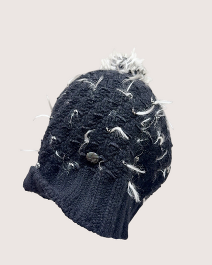 Chanel Fringe Knit Hat Black, White, Gold One Size