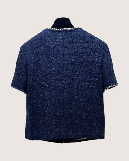 Chanel 25A Tweed Short-Sleeve Four-Pocket Jacket Navy, White, Gold FR 34