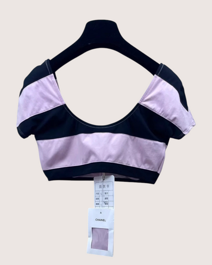 Chanel Coco Beach Striped Swimwear Crop Top Pink, Black FR 36